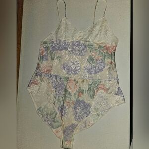 Vintage Lucie Ann Floral Brocade Lace Trim Bodysuit Teddy Chemise Pastel S